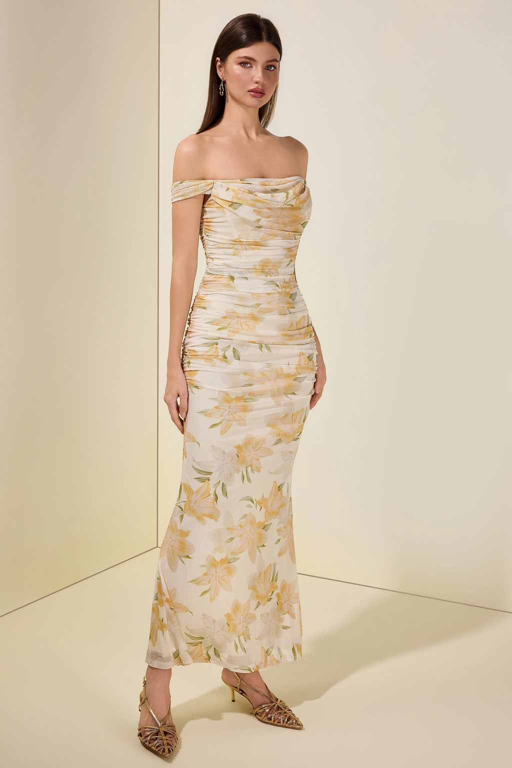 xaviera Mesh Floral Gathering Maxi Dress - yellow
