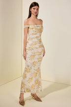 xaviera Mesh Floral Gathering Maxi Dress - yellow