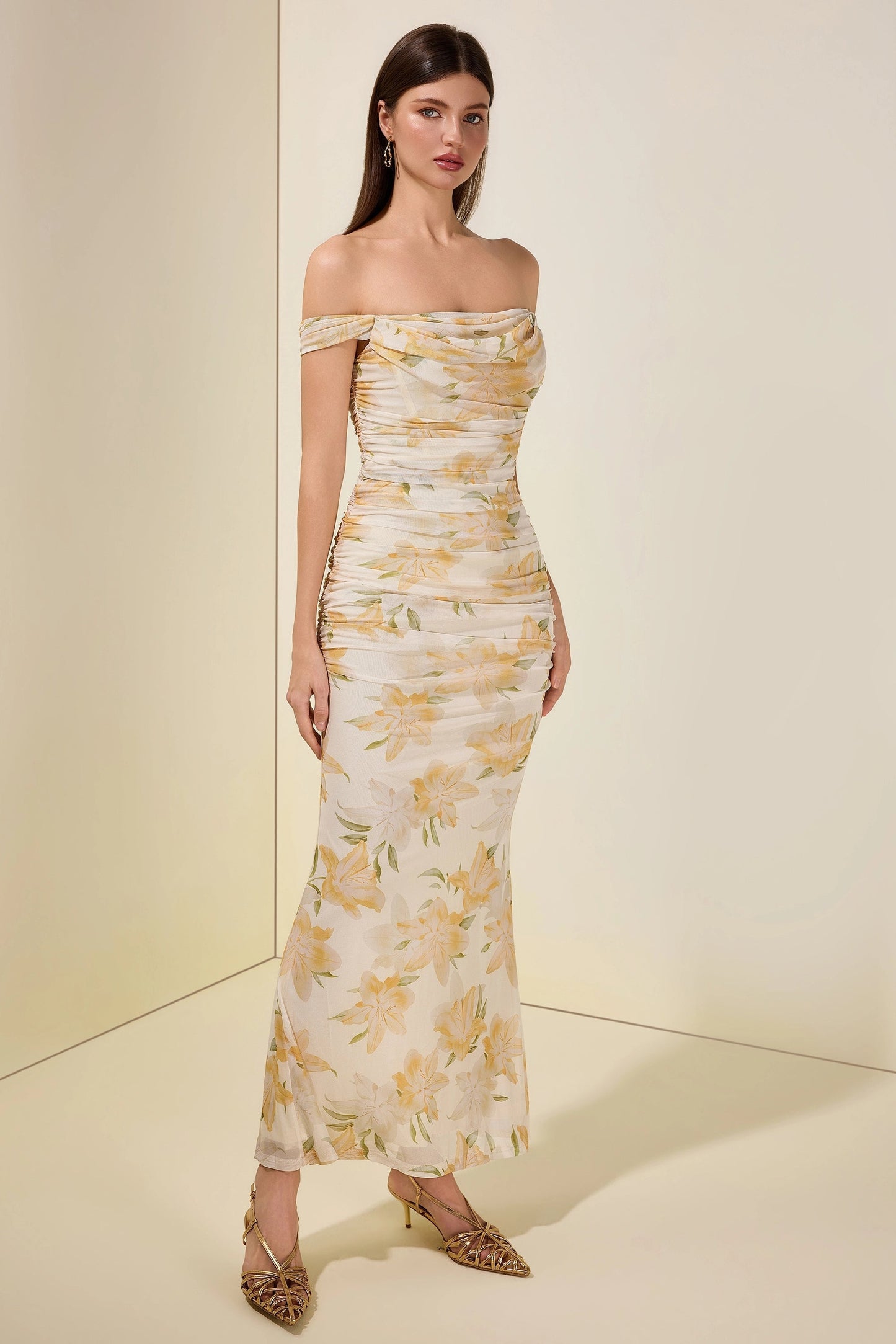 xaviera Mesh Floral Gathering Maxi Dress - yellow