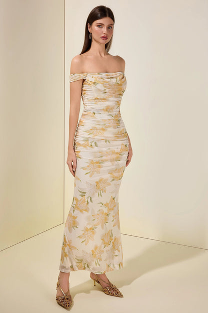 xaviera Mesh Floral Gathering Maxi Dress - yellow