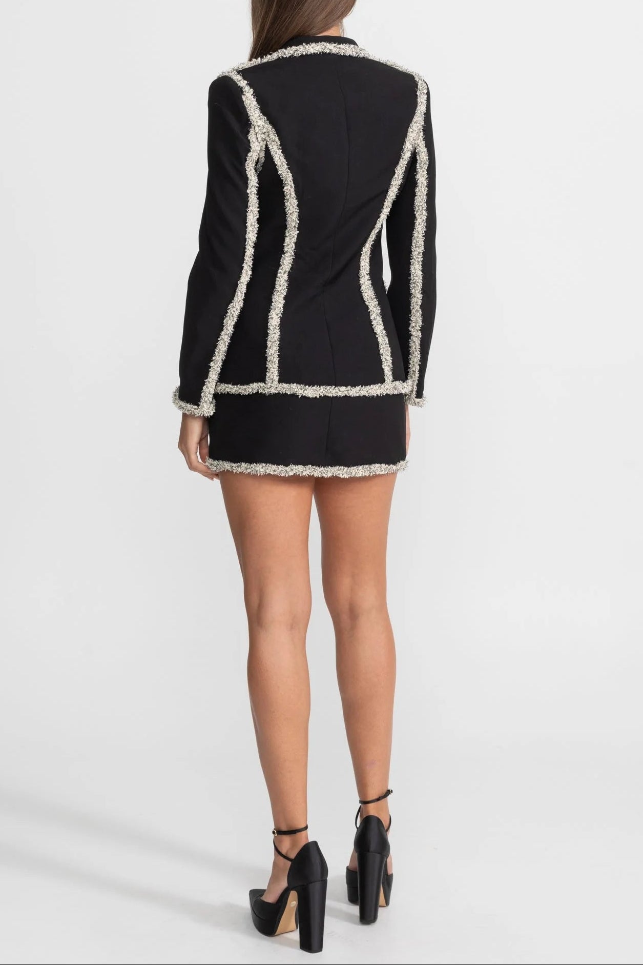 June Tweed Trim Blazer Matching Mini Skirt Set - Black