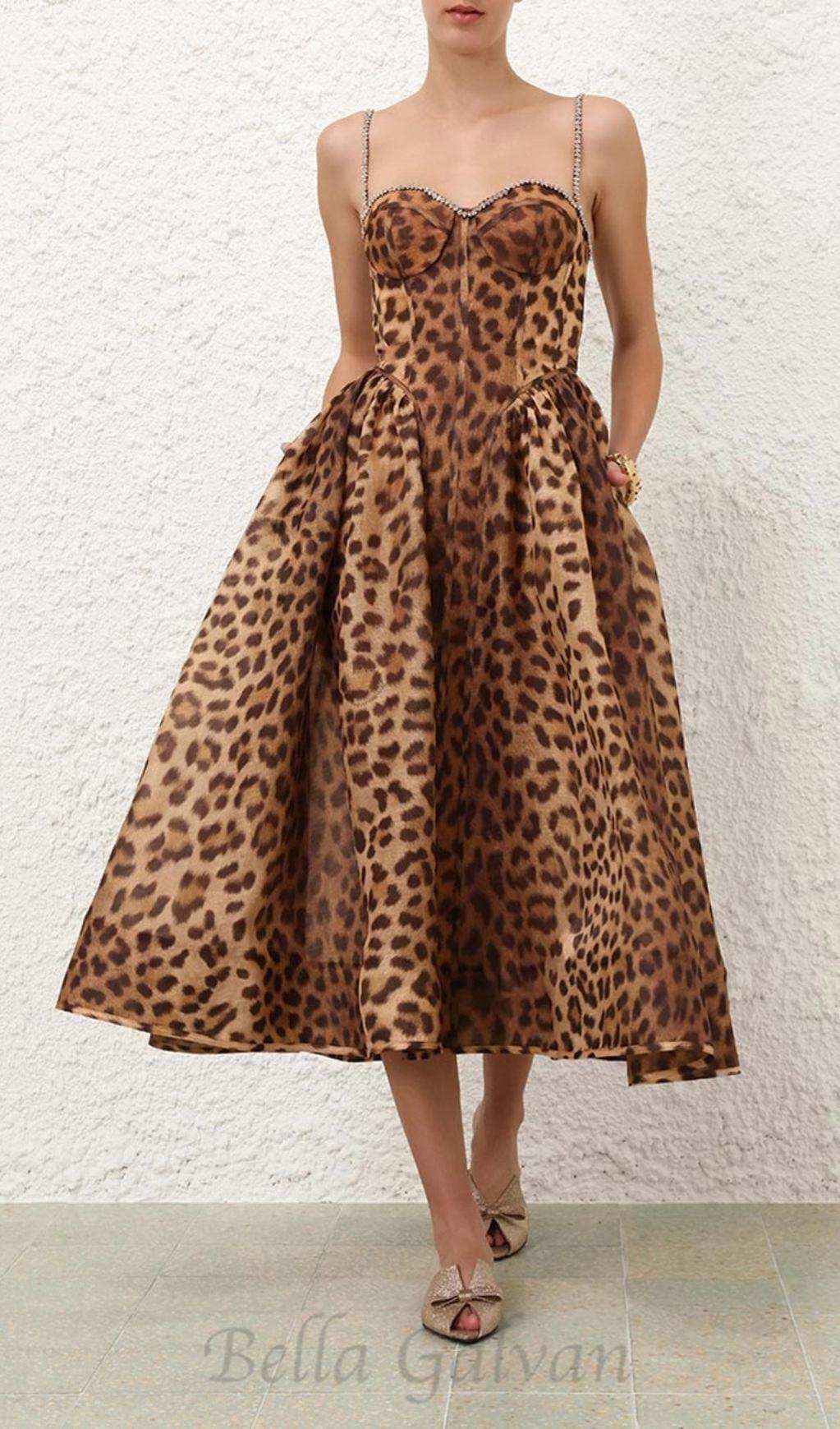 Flowering Girl Women Animal Print Crystal Bustier A Line Midi Dress