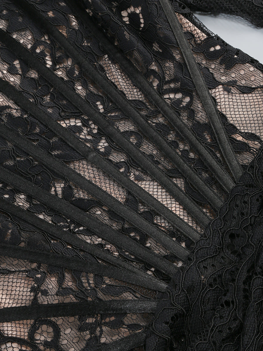 Flowering Girl Women long sleeve lace corset draped mini dress in black