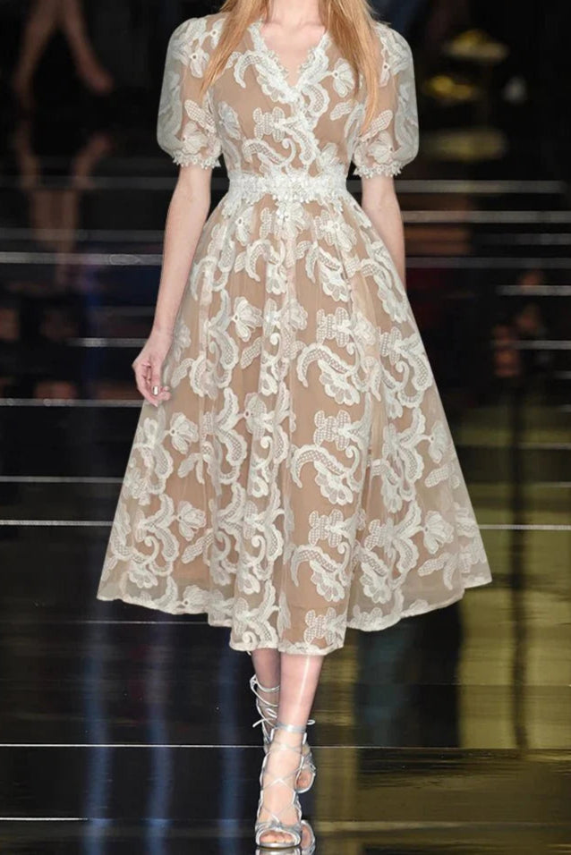 Flowering Girl Women Alisa Mesh Embroidered Puff Sleeves Midi Dress In Beige