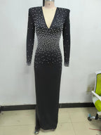 Flowering Girl Women pearl embellished v-neck maxi dress in black