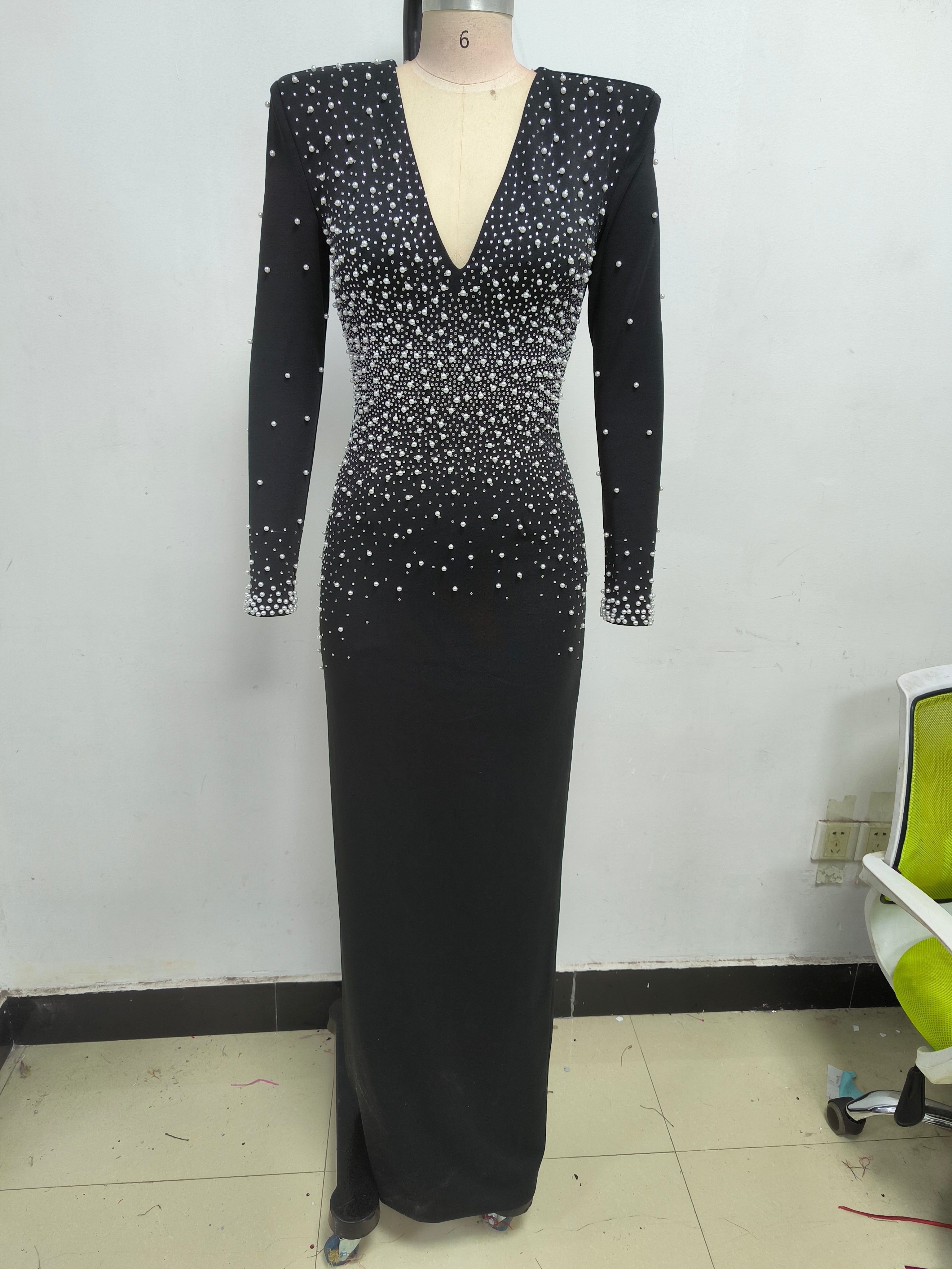 Flowering Girl Women pearl embellished v-neck maxi dress in black