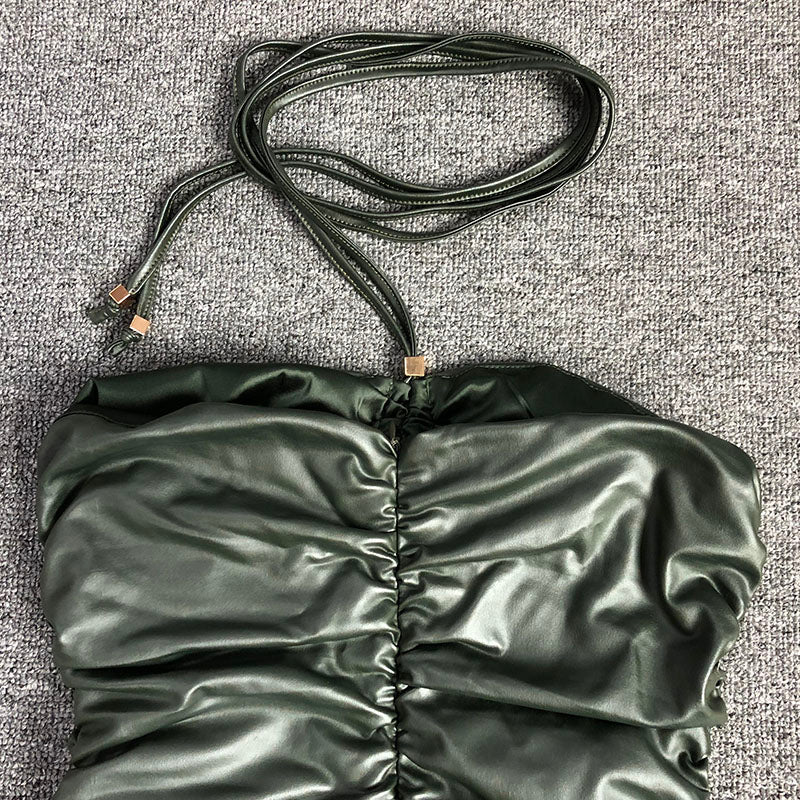 Flowering Girl Women Green Backpack-Baring Butt Pleated Dress