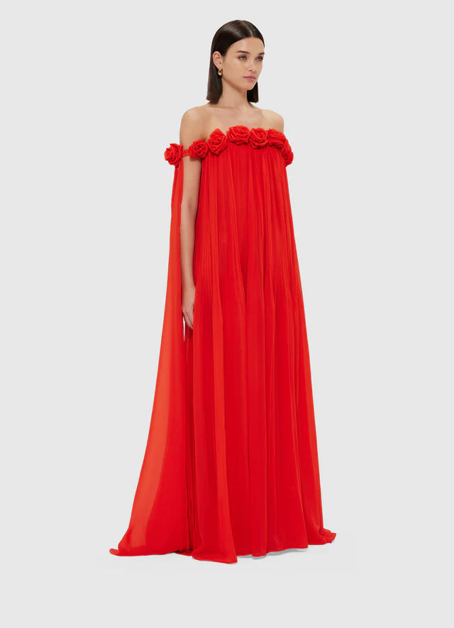 Flowering Girl Women draped floor length dress in scarlet