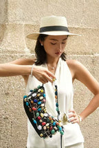 Flowering Girl Women Beaded Crescent Shoulder Bag with Colorful Stone Embellishments
