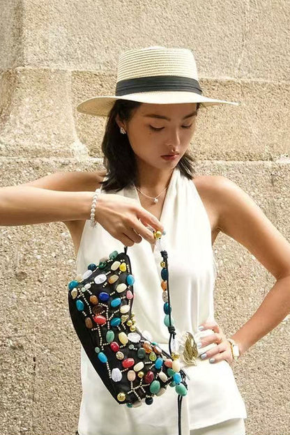 Beaded Crescent Shoulder Bag with Colorful Stone Embellishments