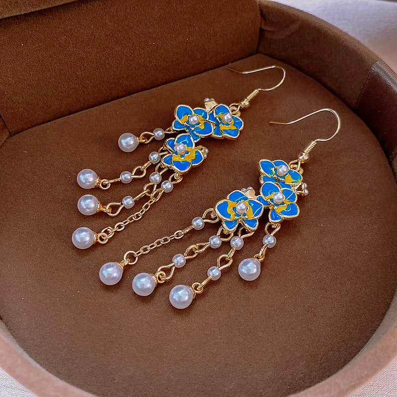 Flowering Girl Women Dave Blue Flower Pearl Earrings