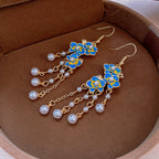Flowering Girl Women Dave Blue Flower Pearl Earrings
