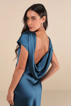 Flowering Girl Women satin cowl back maxi dress in dark teal