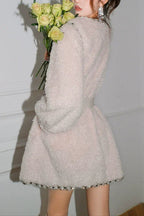 Flowering Girl Women Beige V-Neck Long Sleeve Diamond Stud Coat