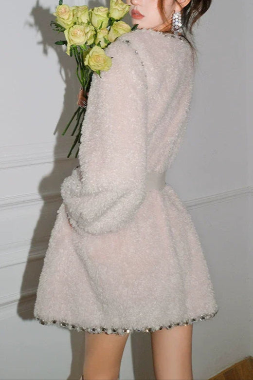 Flowering Girl Women Beige V-Neck Long Sleeve Diamond Stud Coat