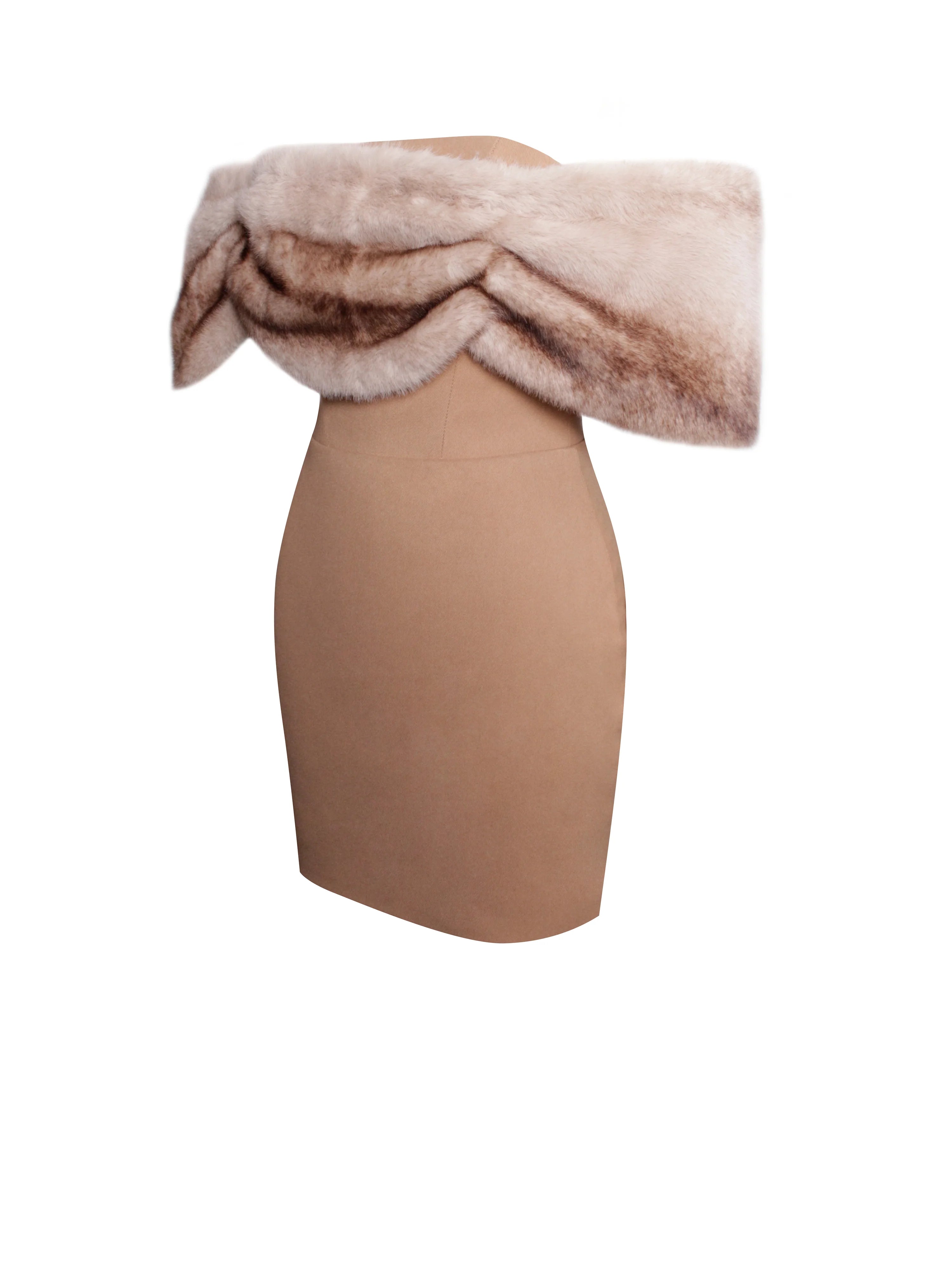 Turmeric Off Shoulder Fur Trim Mini Dress