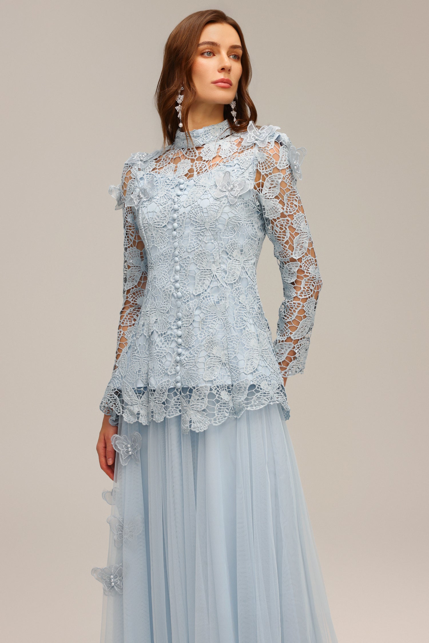 yvette blue Long Sleeve Folds Lace Butterfly Top And Skirt Two-Piece Set
