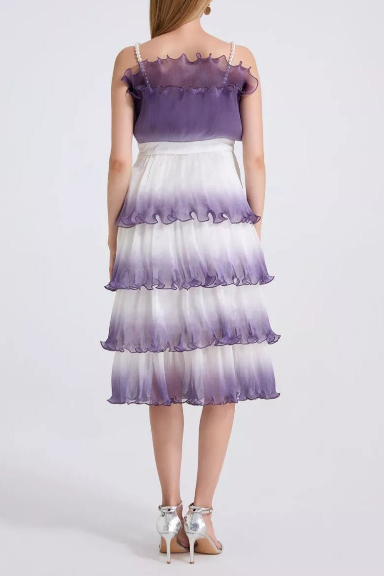 purple gradient pleated ruffle trim layered mini dress