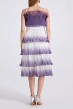 Flowering Girl Women Purple Gradient Pleated Ruffle Trim Layered Mini Dress