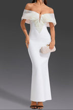 Off-Shoulder pearl embellished bodycon maxi dress in white