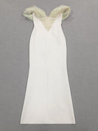 Off-Shoulder pearl embellished bodycon maxi dress in white
