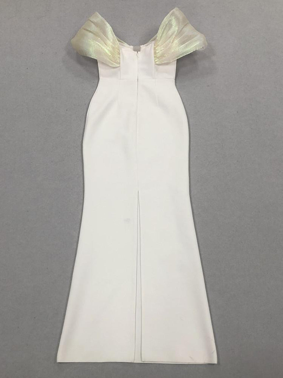 Off-Shoulder pearl embellished bodycon maxi dress in white