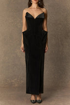 Amity Black Deep V-Neck Strapless Velvet Maxi Dress