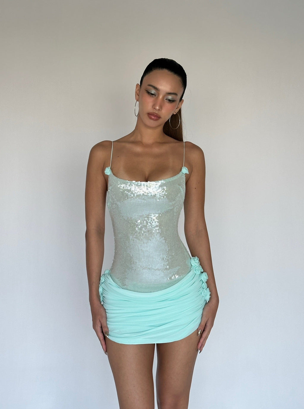 Flowering Girl Women molly Sequin chiffon Mini Dress in mint