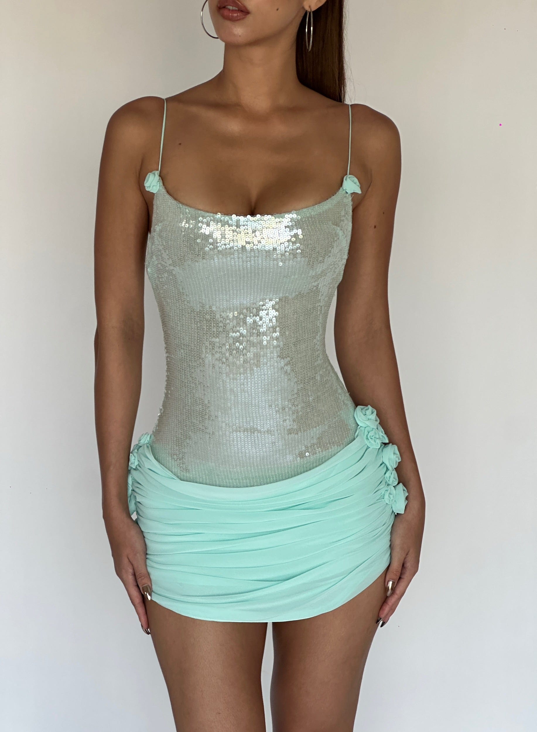 Flowering Girl Women molly Sequin chiffon Mini Dress in mint