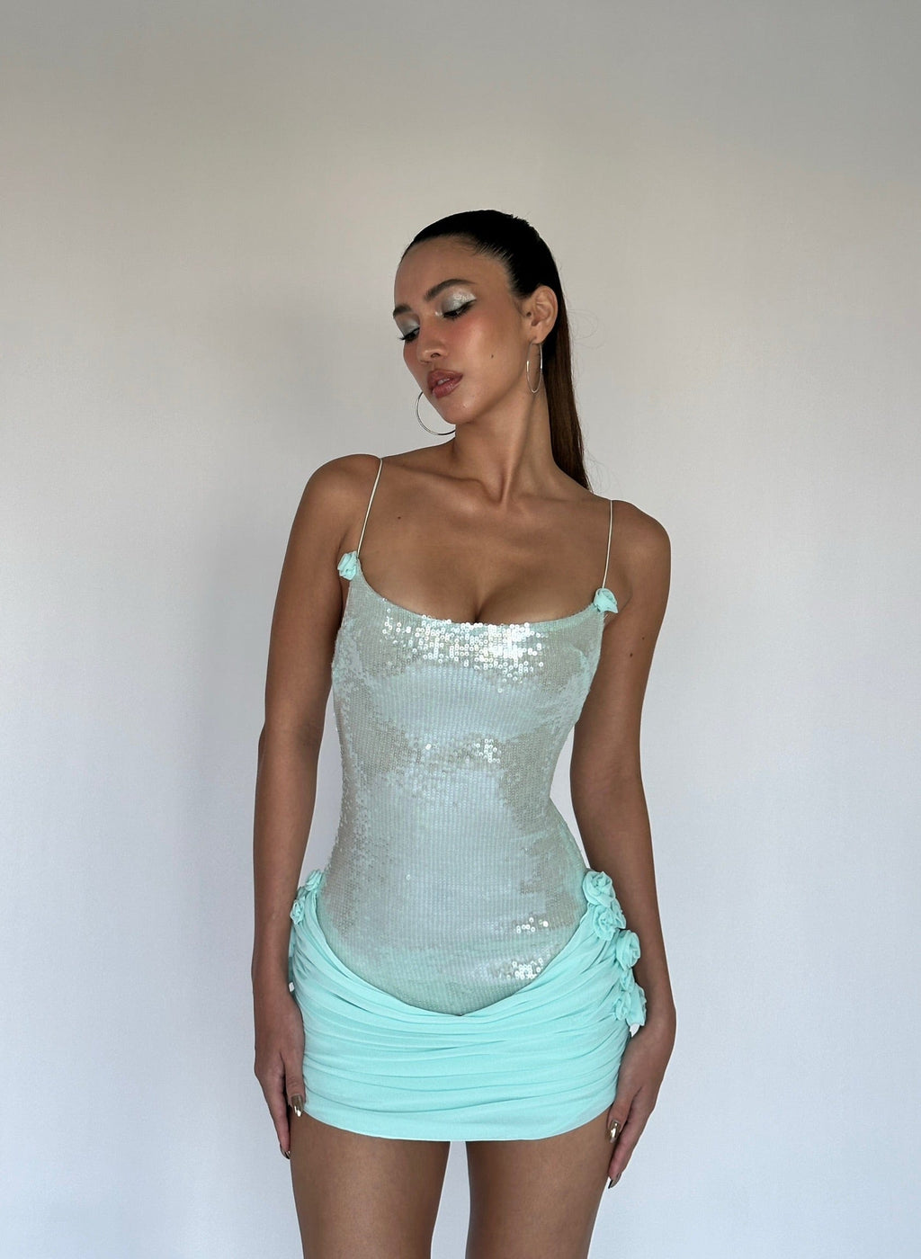 Flowering Girl Women molly Sequin chiffon Mini Dress in mint