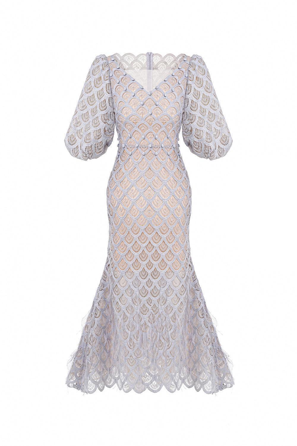 Flowering Girl Women Ciara Trumpet Bishop Sleeved Lace Midi Dress