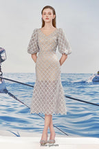 Flowering Girl Women Ciara Trumpet Bishop Sleeved Lace Midi Dress