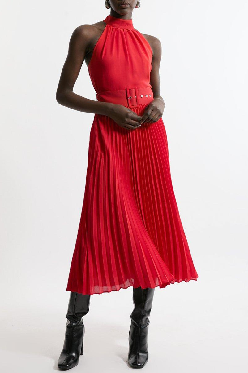 Flowering Girl Women Georgette Belted Pleat Halter Woven Midi Dress