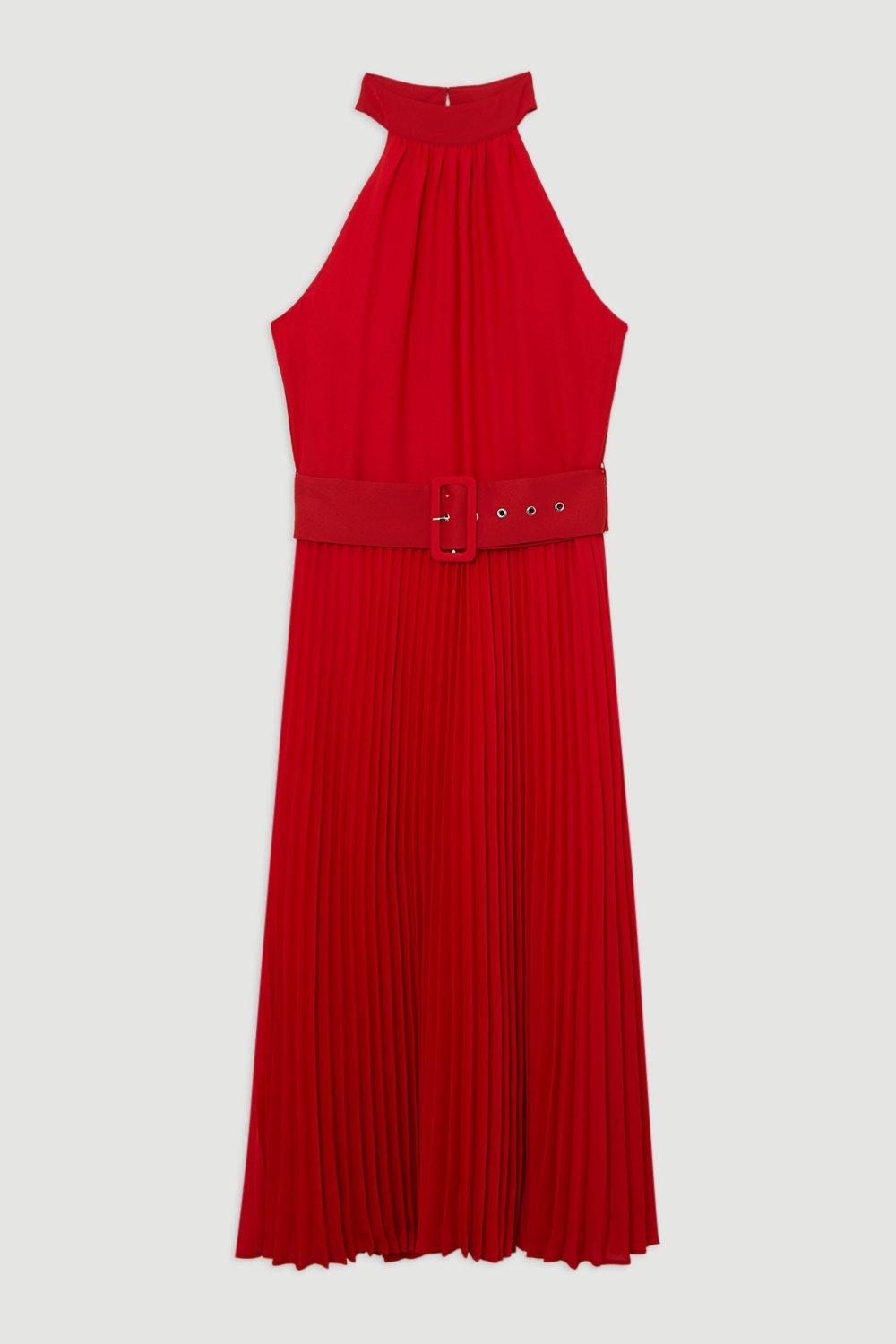Flowering Girl Women Georgette Belted Pleat Halter Woven Midi Dress