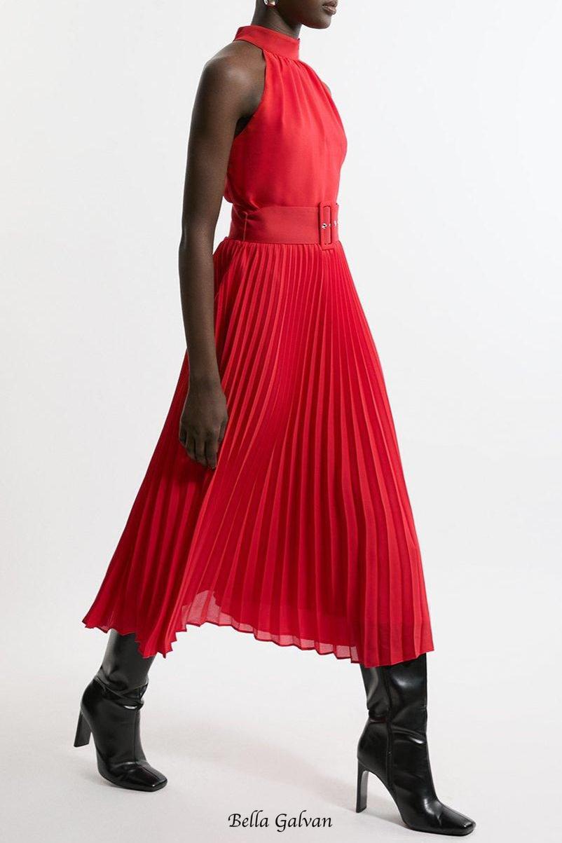Flowering Girl Women Georgette Belted Pleat Halter Woven Midi Dress