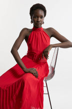 Flowering Girl Women Georgette Belted Pleat Halter Woven Midi Dress