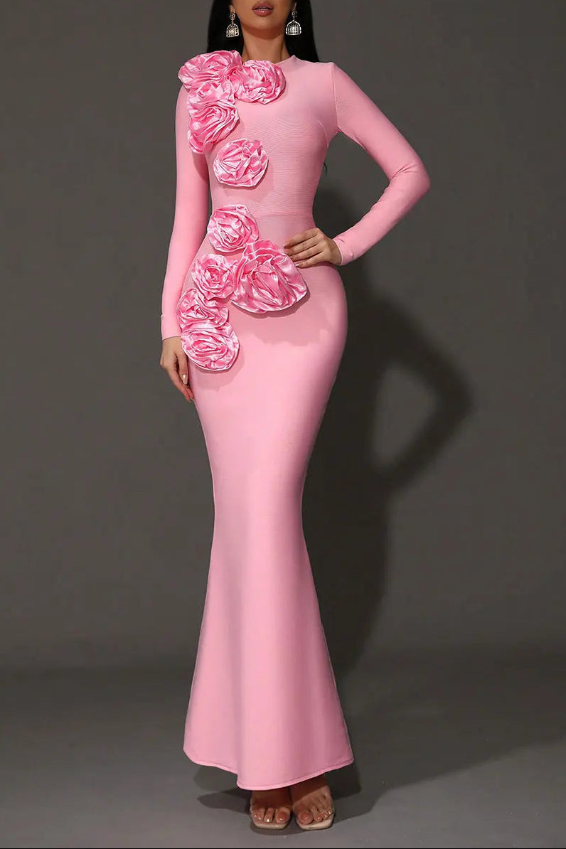 Sally 3D Flower Decorative Bandage Maxi Dress In Pink