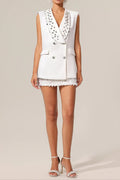 white V-Neck Sleeveless Diamond Midi Suit Top