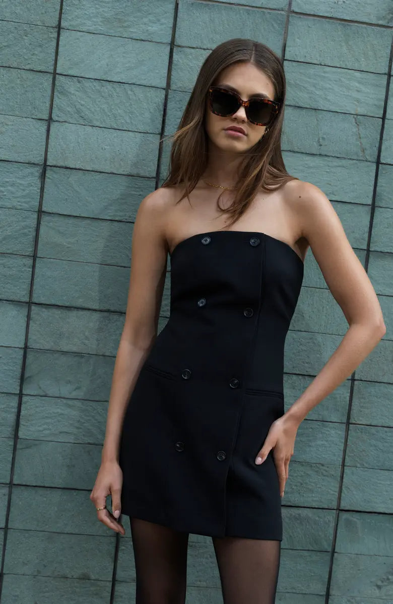 Flowering Girl Women Double Breasted Strapless Twill Mini dress in black