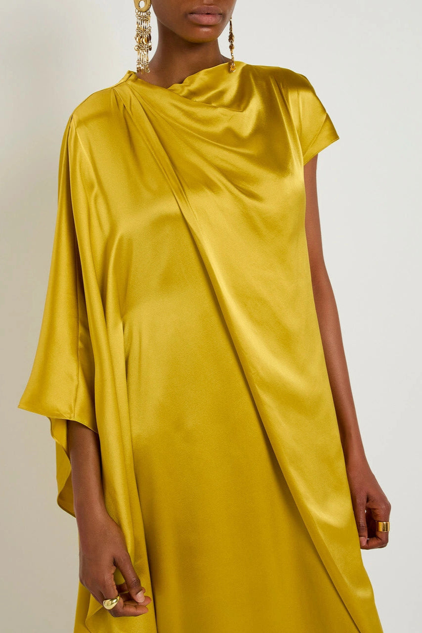 Flowering Girl Women Yellow Draped Silk Maxi Dress