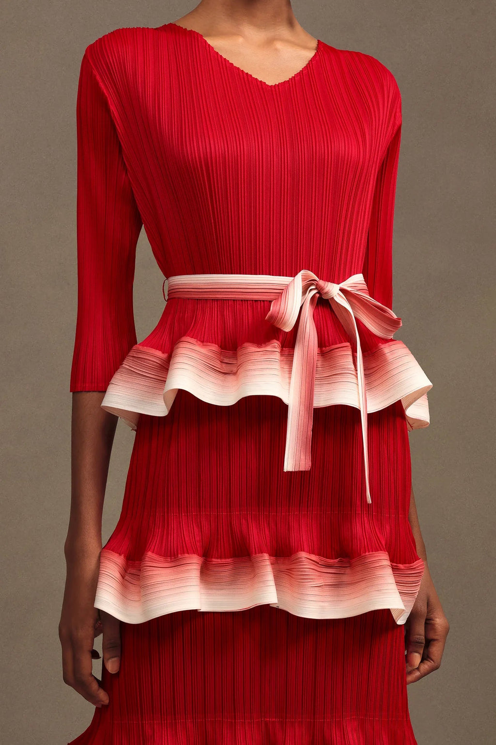 victoria Pleated Round Neck Long Sleeve Falbala Woven Maxi Dress in red