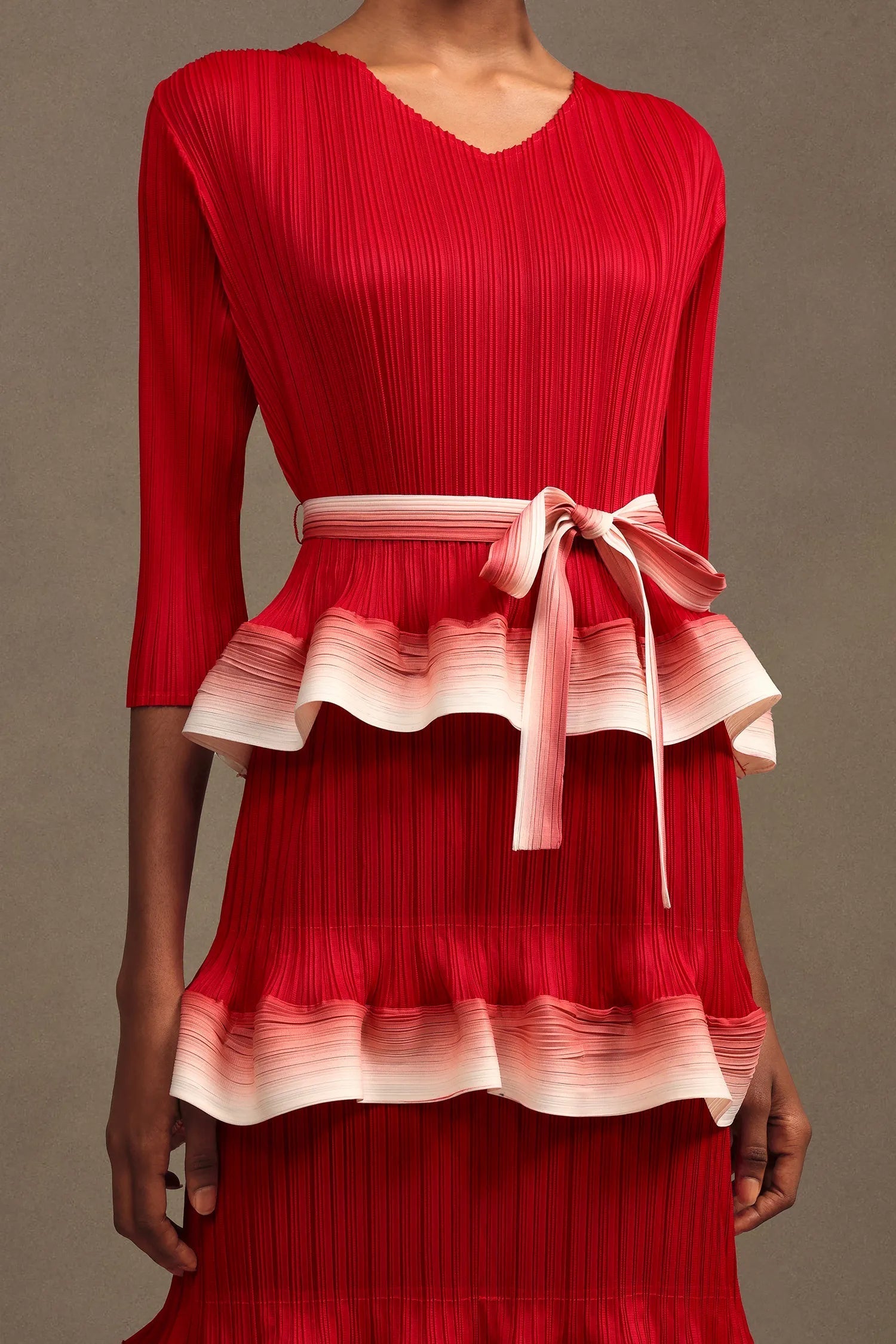 victoria Pleated Round Neck Long Sleeve Falbala Woven Maxi Dress in red