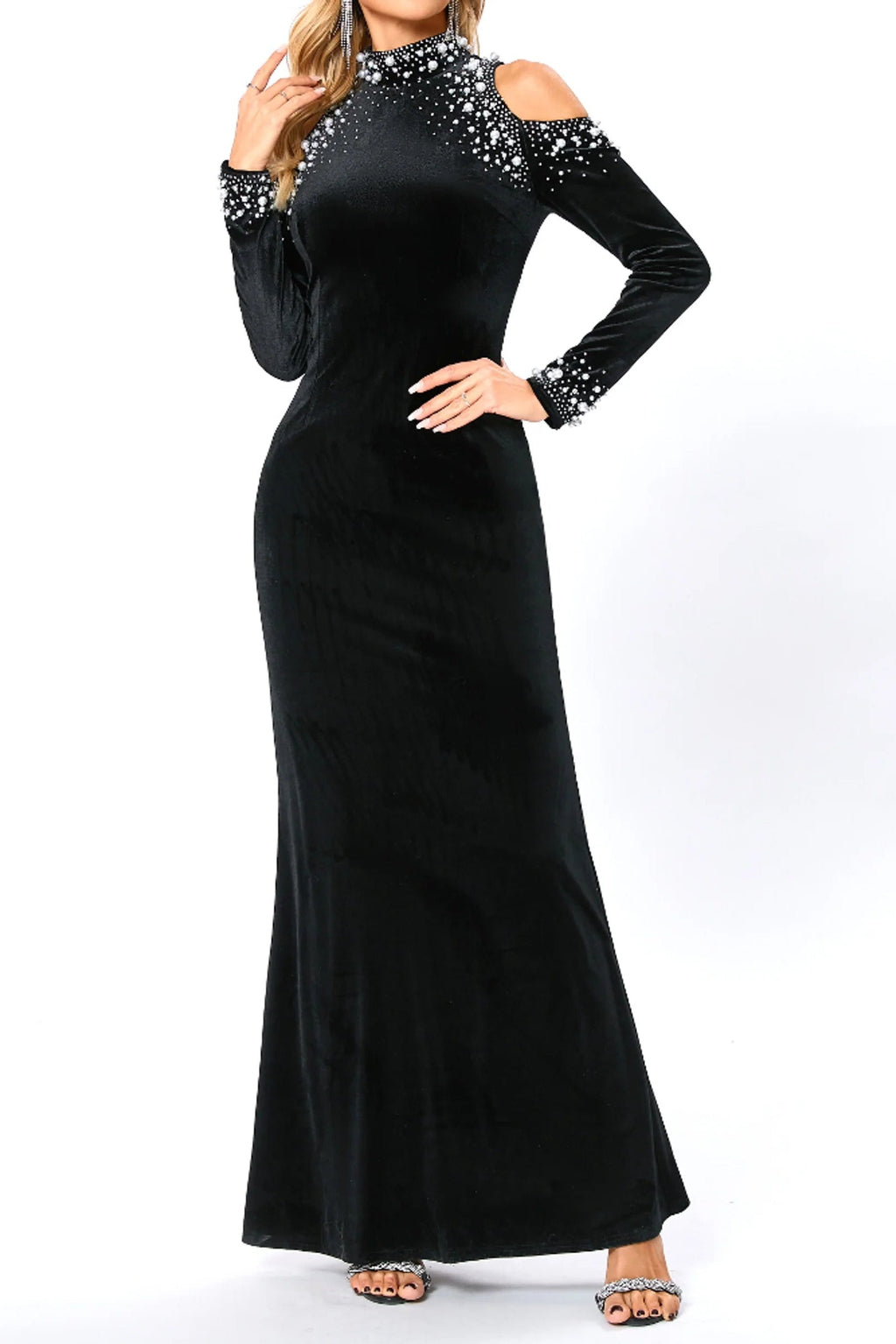 Flowering Girl Women barbara sequin embellished long sleeve maxi dress in black