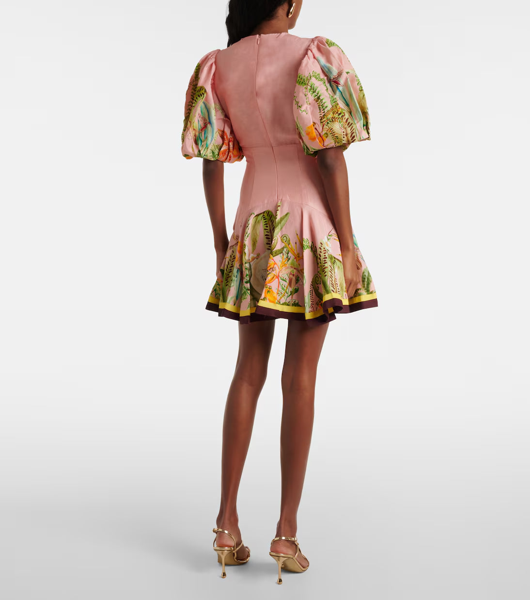 Flowering Girl Women v-neck puff sleeve cotton linen printed mini dress - pink