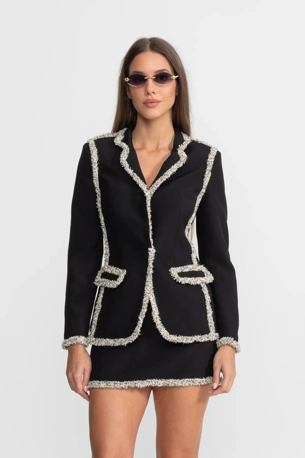 June Tweed Trim Blazer Matching Mini Skirt Set - Black