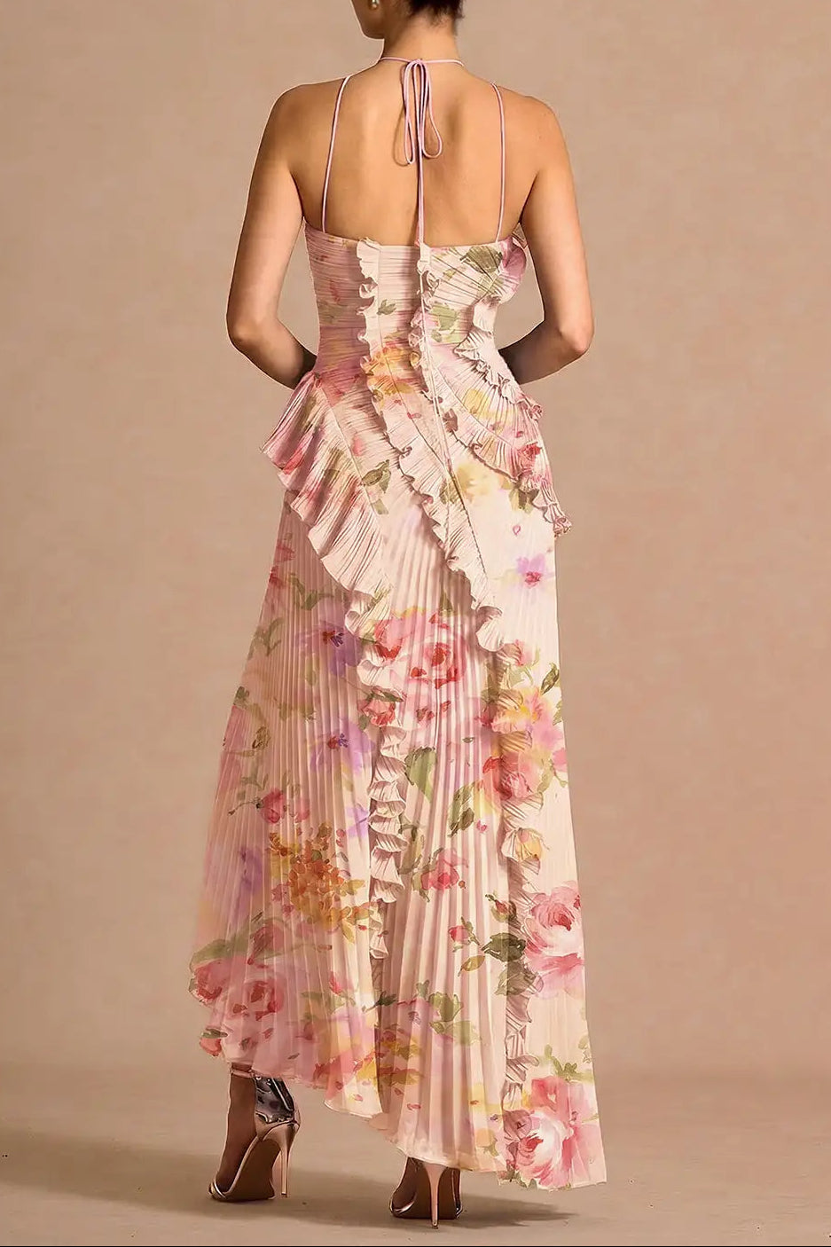 marcia Bouquet Floral  ruffle trim pleated Maxi Dress