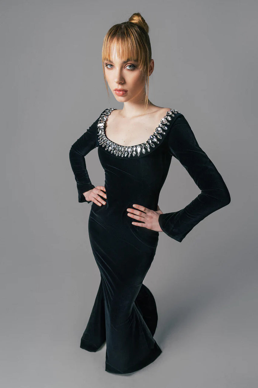 Flowering Girl Women black crepe gown with crystal neckline