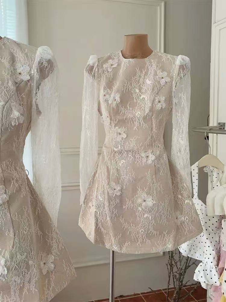 Amy Sheer Lace Long-Sleeve Floral Applique Mini Dress In Beige
