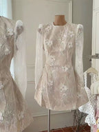 Amy Sheer Lace Long-Sleeve Floral Applique Mini Dress In Beige