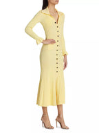 Flowering Girl Women Rib-Knit Fluted Midi Shirt dress in yellow